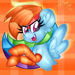 Size: 4096x4096 | Tagged: safe, artist:ladylullabystar, imported from derpibooru, rainbow dash, pegasus, pony, abstract background, absurd resolution, clothes, fangs, looking at you, open mouth, open smile, purple eyes, smiling, socks, solo, striped socks