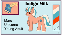 Size: 1192x670 | Tagged: safe, artist:schumette14, imported from derpibooru, oc, oc:indigo milk, unicorn, adopted offspring, alternate universe, bluebelleuniverse, colt, male, multiverse, next generation, parent:applejack (male), parent:paprika, parent:saffron masala, ref, reference, universe