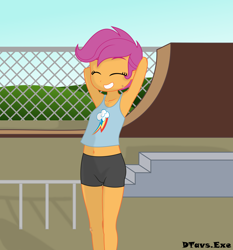 Size: 5598x6000 | Tagged: safe, artist:dtavs.exe, imported from derpibooru, scootaloo, equestria girls, arm behind head, bandaid, bike shorts, clothes, cute, cutealoo, eyes closed, female, grin, show accurate, skatepark, smiling, tanktop