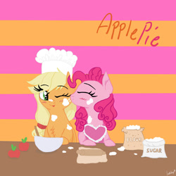 Size: 1280x1280 | Tagged: safe, artist:lostsheep, imported from derpibooru, applejack, pinkie pie, earth pony, pony, apple, applepie, apron, baking, bowl, cheek kiss, chef's hat, chest fluff, clothes, dough, duo, female, flour, food, hat, kissing, lesbian, mare, mixing bowl, one eye closed, rolling pin, shipping, striped background, sugar (food)