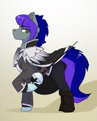 Size: 2481x3096 | Tagged: safe, artist:arctic-fox, imported from derpibooru, oc, oc only, pony, boots, cape, clothes, cravat, high res, shoes, solo, sword, weapon