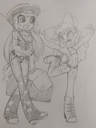 Size: 2604x3469 | Tagged: safe, artist:shadowhawx95, imported from derpibooru, apple bloom, applejack, equestria girls, boots, clothes, cooler, fishing rod, grin, happy, high res, jeans, pants, shoes, smiling, traditional art