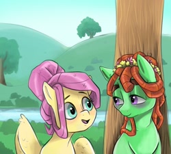 Size: 2048x1840 | Tagged: safe, artist:smirk, imported from derpibooru, fluttershy, tree hugger, earth pony, pegasus, pony, alternate hairstyle, blushing, bush, bust, cute, duo, female, floral head wreath, flower, lidded eyes, looking at each other, looking at someone, mare, open mouth, outdoors, ponytail, river, talking, tree, under the tree, wings