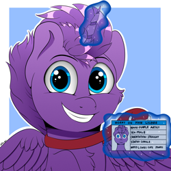 Size: 2000x2000 | Tagged: safe, artist:h3nger, imported from derpibooru, oc, oc only, oc:purple artist, alicorn, pony, alicorn oc, cheek fluff, glowing, glowing horn, grin, high res, horn, horny on main, levitation, looking at you, magic, male, smiling, smiling at you, solo, spread wings, telekinesis, wings