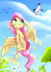 Size: 1000x1400 | Tagged: safe, artist:thatdreamerarts, imported from derpibooru, angel bunny, fluttershy, bird, butterfly, pegasus, pony, rabbit, adorable face, animal, chest fluff, cloud, colored hooves, cute, cutie mark, dandelion, duo, ear fluff, feather, female, floppy ears, flying, looking at someone, looking up, mare, outdoors, shyabetes, smiling, spread wings, tree, wings