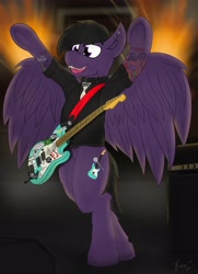 Size: 2546x3520 | Tagged: safe, artist:kamithepony, imported from derpibooru, oc, oc only, oc:firesale, pegasus, pony, collar, electric guitar, fangs, guitar, guitar amp, high res, jewelry, musical instrument, musician, piercing, rock (music), solo, stage, tattoo