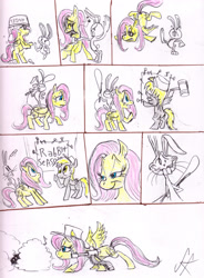 Size: 2099x2858 | Tagged: safe, artist:devilkais, imported from derpibooru, angel bunny, derpy hooves, fluttershy, pegasus, pony, rabbit, abuse, angel is a bunny bastard, angel riding fluttershy, animal, bipedal, butt, choking, closed mouth, comic, eyes closed, eyes open, female, flutterbuse, folded wings, gun, high res, karma, kick in the butt, male, mare, music notes, open mouth, payback, plot, riding, smiling, spread wings, traditional art, weapon, whip, wings