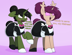 Size: 3000x2281 | Tagged: safe, artist:moonatik, imported from derpibooru, oc, oc only, oc:grim fate, oc:timetable, bat pony, pony, unicorn, abstract background, apron, bat pony oc, blushing, bowtie, clothes, dress, fangs, female, gloves, hair bun, high res, horn, hybrid oc, hypnosis, hypnotized, maid, mare, open mouth, open smile, raised hoof, shoes, smiling, surprised, swirly eyes, tail, tail bun, tights, unicorn oc
