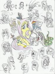 Size: 1617x2173 | Tagged: safe, artist:devilkais, imported from derpibooru, angel bunny, fluttershy, rainbow dash, alien, bird, butterfly, centipede, duck, human, pegasus, pony, rabbit, snail, snake, spider, xenomorph, alien (franchise), andromeda shun, angry, animal, clothes, female, imminent vore, mare, shirt, shoulder angel, shoulder devil, sitting, snow white, traditional art