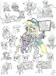 Size: 1602x2174 | Tagged: safe, artist:devilkais, imported from derpibooru, derpy hooves, dinky hooves, pegasus, pony, bipedal, blowing bubbles, bubble, butt, eating, electrocution, female, filly, food, hat, letter, mare, mother and child, mother and daughter, muffin, nail, plot, traditional art