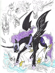 Size: 1602x2136 | Tagged: safe, artist:devilkais, imported from derpibooru, nightmare moon, princess celestia, alicorn, pony, broken horn, crying, female, horn, lying down, magic, mare, on back, traditional art