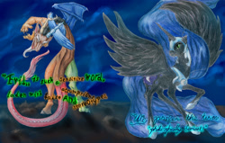 Size: 1044x666 | Tagged: safe, artist:furball891, imported from derpibooru, discord, nightmare moon, alicorn, draconequus, pony, colored pencil drawing, female, male, traditional art