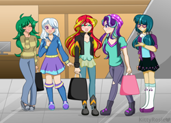 Size: 5630x4024 | Tagged: safe, artist:kittyrosie, imported from derpibooru, juniper montage, trixie, wallflower blush, equestria girls, equestria girls series, forgotten friendship, mirror magic, movie magic, spoiler:eqg specials, beanie, blushing, commission, cute, diatrixes, eyes closed, flowerbetes, freckles, glimmerbetes, hat, junibetes, open mouth, open smile, rubber boots, shimmerbetes, shoes, shopping, smiling