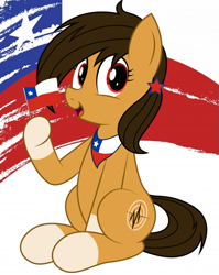 Size: 815x1024 | Tagged: safe, artist:an-tonio, imported from derpibooru, oc, oc only, oc:chilenia, earth pony, pony, bandana, chile, coat markings, female, flag, happy, holding, looking at you, mare, nation ponies, open mouth, ponified, sitting, smiling, socks (coat markings), solo