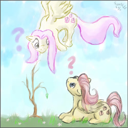 Size: 605x606 | Tagged: safe, artist:furball891, imported from derpibooru, fluttershy, pegasus, pony, butterscotch, duality, duo, female, flying, folded wings, looking at each other, looking at someone, looking down, looking up, lying down, mare, prone, question mark, r63 paradox, rule 63, self paradox, spread wings, wings