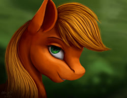 Size: 1024x792 | Tagged: safe, artist:allforyouart, imported from derpibooru, applejack, earth pony, pony, bust, eyebrows, female, green eyes, missing freckles, portrait, profile, solo