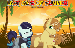 Size: 2064x1320 | Tagged: safe, anonymous artist, imported from derpibooru, coloratura, feather bangs, earth pony, 2021, beach, colorabangs, female, friendship, male, ocean, one eye closed, palm tree, september, shipping, smiling, straight, summer, sunset, tree, wink, youtube link in the description