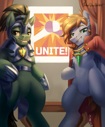 Size: 2500x3000 | Tagged: safe, alternate version, artist:jedayskayvoker, imported from derpibooru, oc, oc only, oc:bizarre song, oc:slashing prices, pegasus, pony, unicorn, armor, badge, bipedal, blushing, cape, chest fluff, clothes, curtains, dialogue, duo, duo male, ear fluff, eyebrows, folded wings, grin, helmet, high res, hoof shoes, horn, jewelry, lidded eyes, looking at you, male, necklace, pegasus oc, poster, propaganda, royal guard, royal guard armor, smiling, smiling at you, stallion, unicorn oc, watermark, wings