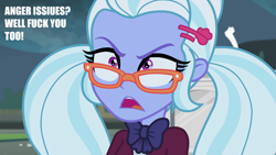 Size: 1280x720 | Tagged: safe, edit, edited screencap, imported from derpibooru, screencap, sugarcoat, equestria girls, friendship games, angry, bowtie, clothes, crystal prep academy uniform, female, glasses, hairclip, misspelling, pigtails, school uniform, solo, vulgar