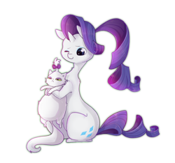 Size: 1024x959 | Tagged: safe, artist:lucitfandmlp, imported from derpibooru, opalescence, rarity, cat, pony, unicorn, duo, female, holding, mare, one eye closed, simple background, sitting, smiling, three quarter view, transparent background, wink