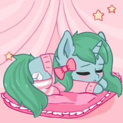 Size: 512x512 | Tagged: safe, artist:valeria_fills, imported from derpibooru, oc, unicorn, animated, bottomless, clothes, commission, partial nudity, pillow, sleepy, socks, striped socks, ych animation, ych result