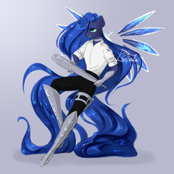 Size: 1800x1800 | Tagged: safe, artist:livitoza, imported from derpibooru, princess luna, alicorn, anthro, unguligrade anthro, armor, baseball bat, crystal wings, floating wings, solo, weapon, wings
