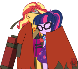 Size: 1599x1426 | Tagged: safe, artist:jcpreactyt, imported from derpibooru, sci-twi, sunset shimmer, twilight sparkle, equestria girls, clothes, coat, embrace, eyes closed, female, hair, headband, hug, lesbian, naruto, naruto: shippūden, ponytail, scitwishimmer, scroll, shipping, smiling, sunsetsparkle