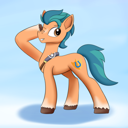 Size: 2700x2700 | Tagged: safe, artist:egstudios93, imported from derpibooru, hitch trailblazer, earth pony, pony, blue background, brown eyes, eyebrows, eyebrows visible through hair, g5, high res, male, one eye closed, shadow, simple background, smiling, solo, stallion, standing, unshorn fetlocks