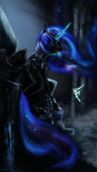 Size: 2160x3840 | Tagged: safe, artist:ilostmyashes, imported from derpibooru, nightmare moon, alicorn, pony, blue mane, blue tail, crown, ethereal mane, fangs, feather, female, flowing mane, glowing, glowing horn, helmet, high res, hoof shoes, horn, implied princess celestia, jewelry, open mouth, regalia, sitting, solo, starry mane, starry tail, sword, tail, teeth, throne, throne room, weapon, wings