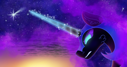 Size: 3192x1694 | Tagged: safe, artist:scarletextreme, imported from derpibooru, nightmare moon, alicorn, pony, blue mane, bust, cloud, colored pupils, ethereal mane, eyelashes, female, flowing mane, frown, glowing, glowing horn, green eyes, gritted teeth, helmet, high res, horn, magic, magic aura, mare, sky, solo, starry mane, stars, sunlight, teeth