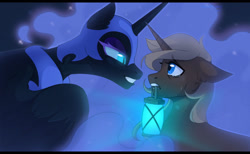 Size: 1280x787 | Tagged: safe, artist:sinner_png, imported from derpibooru, nightmare moon, oc, alicorn, pony, unicorn, blue eyes, blue mane, colored pupils, crying, ear fluff, ethereal mane, feather, female, flowing mane, glowing, helmet, horn, lantern, light, looking at each other, open mouth, simple background, sparkles, starry mane, teary eyes, teeth, wings, yellow mane