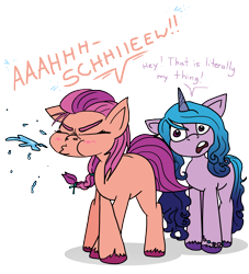 Size: 4779x5263 | Tagged: safe, artist:anyponedrawn, imported from derpibooru, izzy moonbow, sunny starscout, colored, female, g5, humor, joke, mare, nostril flare, nostrils, simple background, sneeze cloud, sneezing, snot, transparent background