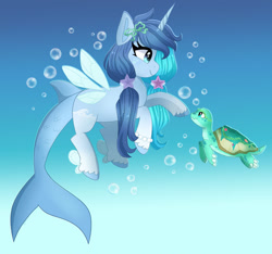 Size: 1024x959 | Tagged: safe, artist:emera33, imported from derpibooru, oc, oc only, hybrid, merpony, pony, turtle, unicorn, blue background, blue mane, bubble, cloven hooves, commission, eyelashes, fish tail, flowing tail, horn, jewelry, necklace, pearl necklace, ribbon, simple background, smiling, solo, tail, underwater, water