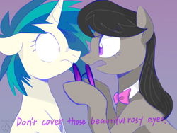 Size: 1600x1200 | Tagged: safe, artist:metaruscarlet, artist:yaco, imported from derpibooru, dj pon-3, octavia melody, vinyl scratch, earth pony, pony, unicorn, bowtie, colored, eye contact, female, floppy ears, glasses, lesbian, looking at each other, mare, open mouth, purple background, scratchtavia, shipping, shrunken pupils, simple background, vinyl's glasses