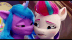 Size: 800x450 | Tagged: safe, imported from derpibooru, screencap, izzy moonbow, zipp storm, pegasus, unicorn, spoiler:my little pony: a new generation, 3d, animated, cheek to cheek, concerned, cropped, female, g5, gif, looking at each other, mare, my little pony: a new generation, raised eyebrows, smiling