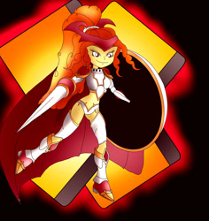 Size: 1700x1800 | Tagged: safe, artist:foxgearstudios, imported from derpibooru, adagio dazzle, equestria girls, abstract background, armor, crossover, digimon, female, fusion, gallantmon, shield, smiling, solo, spear, weapon
