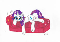 Size: 1280x902 | Tagged: safe, artist:lennondash, imported from derpibooru, rarity, pony, unicorn, bedroom eyes, butt, fainting couch, female, looking at you, lying down, mare, plot, rearity, seductive, seductive pose, simple background, solo, tail, tail aside, traditional art, white background