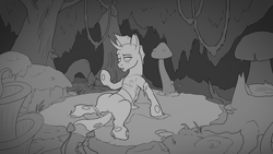 Size: 3840x2160 | Tagged: safe, artist:cocaine, imported from derpibooru, changeling, commission, confused, forest, lineart, monochrome, moss, mushroom, tree, waking up, wip