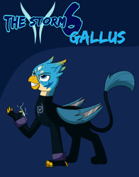 Size: 1600x2040 | Tagged: safe, artist:chedx, imported from ponybooru, gallus, griffon, comic:the storm kingdom, blue background, body markings, bodysuit, crystal, metal feather, simple background, spikes, symbol, wingblade, wings