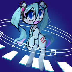 Size: 1280x1276 | Tagged: safe, alternate version, artist:penpale-heart, imported from ponybooru, earth pony, pony, blue background, blue coat, female, gradient background, hatsune miku, headphones, looking at you, mare, necktie, open mouth, ponified, signature, simple background, solo, two toned mane