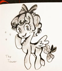 Size: 883x1024 | Tagged: safe, artist:fipoki, imported from ponybooru, cozy glow, pegasus, pony, cozybetes, cute, female, filly, pencil drawing, solo, stars, the tower, traditional art