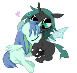 Size: 1280x1222 | Tagged: safe, artist:penpale-heart, imported from ponybooru, oc, oc only, alicorn, changeling, alicorn oc, blushing, changeling oc, cuddling, eyes closed, fangs, female, floating heart, green coat, green mane, heart, horn, lidded eyes, mare, not chrysalis, oc x oc, prone, shipping, signature, simple background, sitting, spread wings, transparent background, two toned mane, two toned tail, underhoof, wings