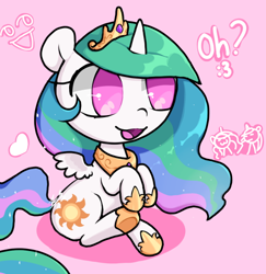 Size: 500x514 | Tagged: safe, artist:penpale-heart, imported from ponybooru, princess celestia, alicorn, pony, chibi, female, jewelry, mare, open mouth, pink background, raised hoof, raised leg, signature, simple background, sitting, smiling, solo, spread wings, tiara, wings