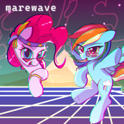 Size: 1280x1280 | Tagged: safe, artist:vultraz, pinkie pie, rainbow dash, earth pony, pegasus, pony, album cover, cutie mark, duo, duo female, female, glasses, headband, jewelry, looking at you, mare, open mouth, ring, smiling, spread wings, synthwave, windswept mane, wings