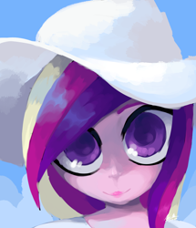 Size: 1280x1486 | Tagged: safe, artist:penpale-heart, imported from ponybooru, princess cadance, human, blue background, bust, clothes, female, hat, humanized, looking at you, portrait, simple background, smiling, solo, sun hat