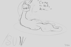 Size: 3000x2000 | Tagged: safe, artist:enonnnymous, princess celestia, alicorn, pony, /sun/, bed, blushing, both cutie marks, butt, dialogue, implied anon, looking at you, looking back, looking back at you, monochrome, plot, simple background