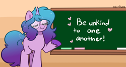 Size: 2851x1528 | Tagged: safe, artist:kittyrosie, edit, imported from twibooru, izzy moonbow, pony, unicorn, chalkboard, eyes closed, g5, glasses, image, png, solo, twibooru exclusive