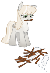 Size: 1442x2102 | Tagged: safe, artist:marbo, oc, oc only, oc:forest ken, pony, female, mare, sad, simple background, snow, snowball, snowpony (species), solo, stick, tired, transparent background