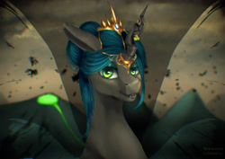 Size: 4961x3508 | Tagged: safe, artist:littleharpy, imported from derpibooru, queen chrysalis, changeling, changeling queen, absurd resolution, alternate hairstyle, beautiful, bust, chromatic aberration, crown, fangs, female, horn, horn jewelry, jewelry, regalia, solo, wings