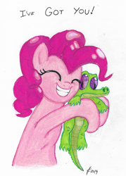 Size: 1101x1536 | Tagged: safe, artist:lennondash, imported from derpibooru, gummy, pinkie pie, alligator, earth pony, pony, bust, cute, diapinkes, duo, eyes closed, female, grin, hug, mare, simple background, smiling, text, traditional art, white background